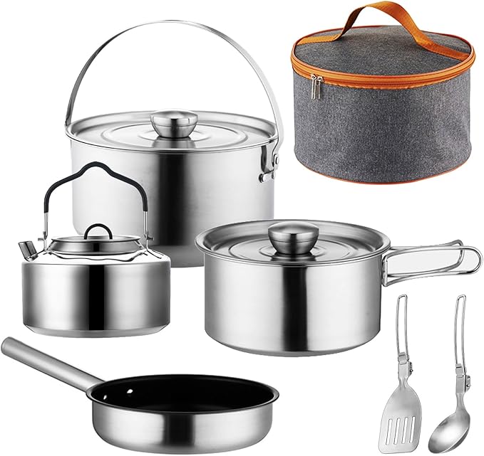 Jorunhe 7PCS Camping Cooking Set,Camping Cookware Mess Kit,304 Stainless Steel Camping Cookware with Travel Tote Bag for Camping Outdoor Cooking & Picnic,RVs