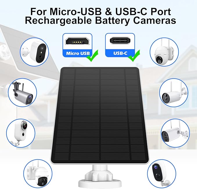 5W Solar Panel for Security Camera Outdoor, Micro USB & USB-C Port Camera Solar Panel, Compatible with Rechargeable Battery Powered Cameras, IP65 Waterproof, 9.8ft Cable, 360° Adjustable Bracket