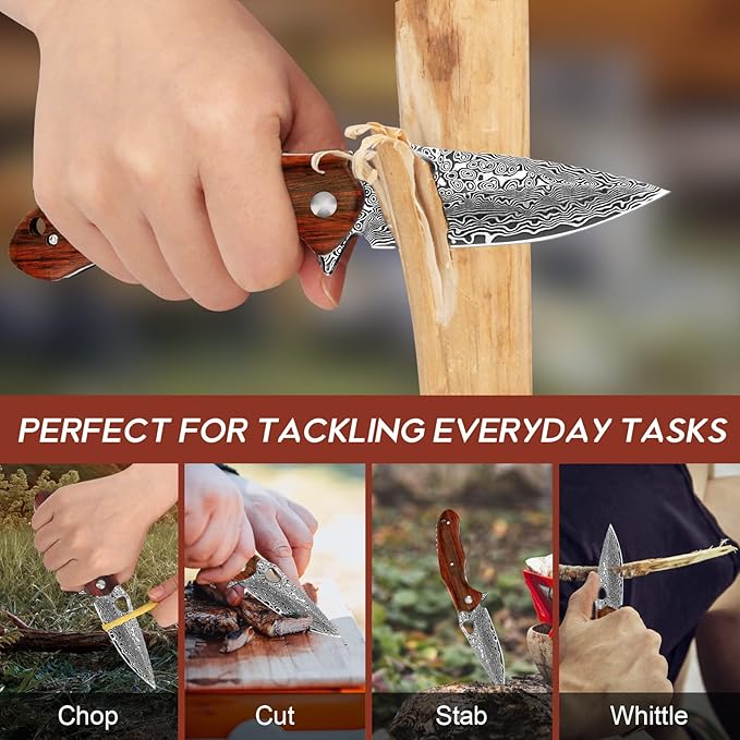 Benkey Damascus Folding Knife, Sharp VG10 Core Damascus Steel Pocket Knives with Natural Wood Handle, Quality Leather Sheath, Ball Bearing, Liner Lock, Lightweight Pocket Knife for EDC Men Women