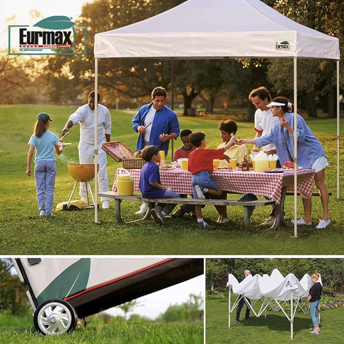 Eurmax USA 8'x12' Pop-up Canopy Tent Commercial Instant Canopies with 4 Removable Zipper End Side Walls and Roller Bag, Bonus 4 SandBags(Khaki)