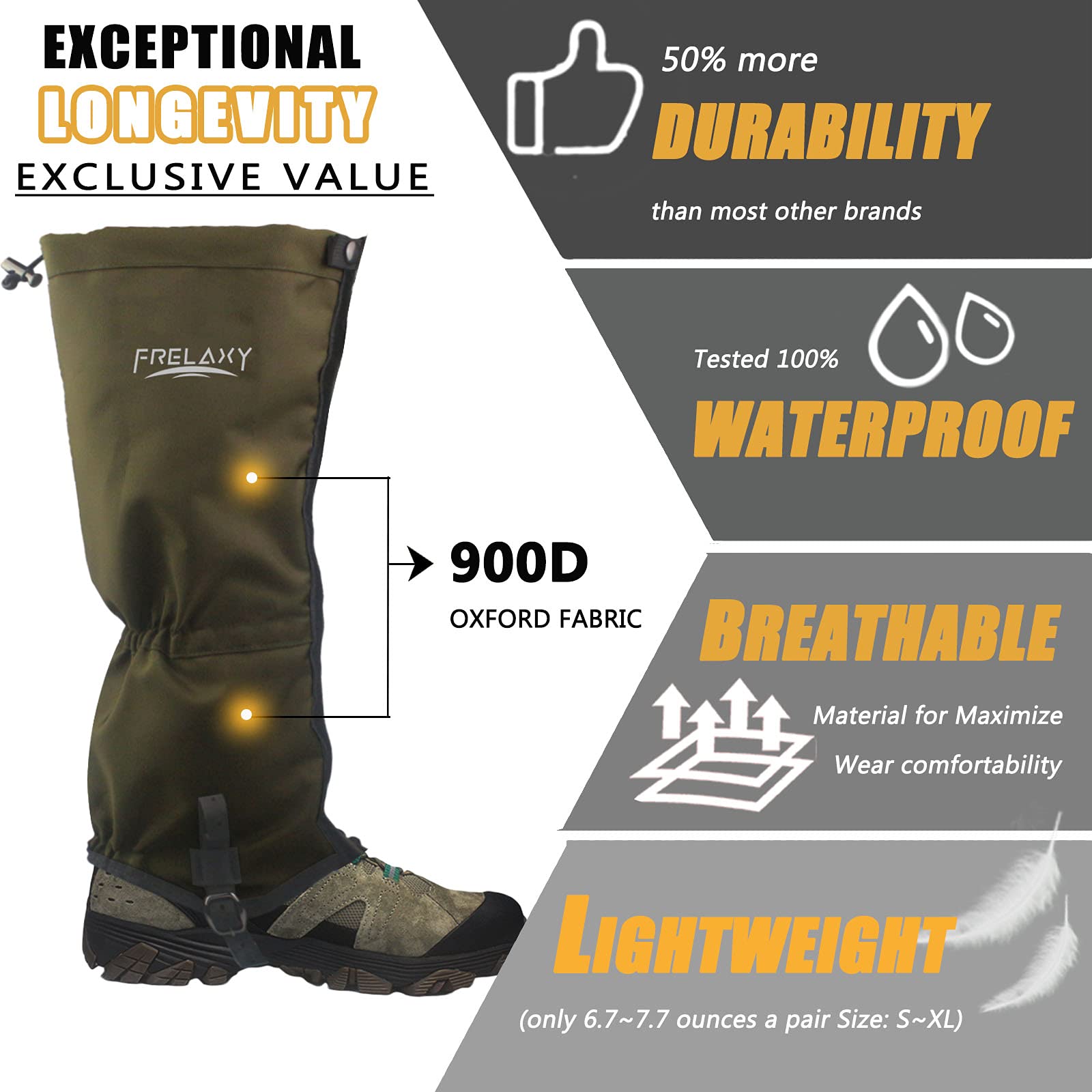 Frelaxy Leg Gaiters 100% Waterproof Hiking Gaiters, Hunting Gaiters with Upgraded Rubber Foot
