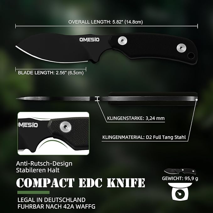 Omesio Neck Knife, 5.82" Small Fixed Blade Tactical Knife, Compact Full Tang EDC Neck Knife with Sheath and Clip, Nessmuk D2 Steel G10 Handle Mini Knife Necklace for Outdoor, Hiking, Camping
