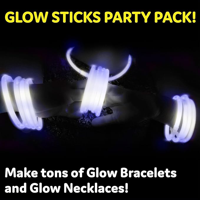 PartySticks Glow Sticks Party Supplies 100pk - 8 Inch Glow in The Dark Light Up Sticks Party Favors, Glow Party Decorations, Neon Party Glow Necklaces Glow Bracelets Connectors (White) (TN-1224962)