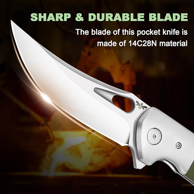 Pocket Knife with Clip, 3.7" 14C28N Blade EDC Folding Knife with Green G10 Handle, Outdoor Camping Folding Knives for Men Women