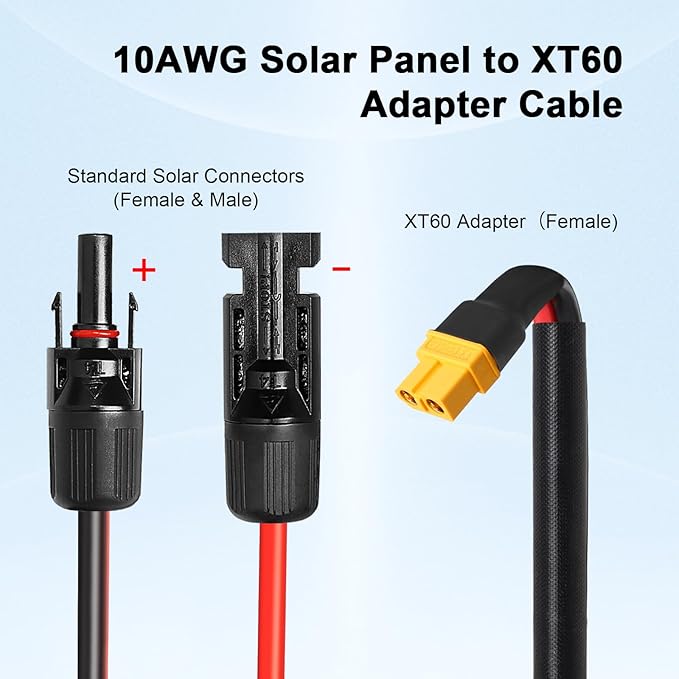Solar to XT60 Cable 10AWG 30FT Solar Connector to XT60 Adapter Cable for Solar Panel to Battery RV Portable Power Station Solar Generator - 30 Foot