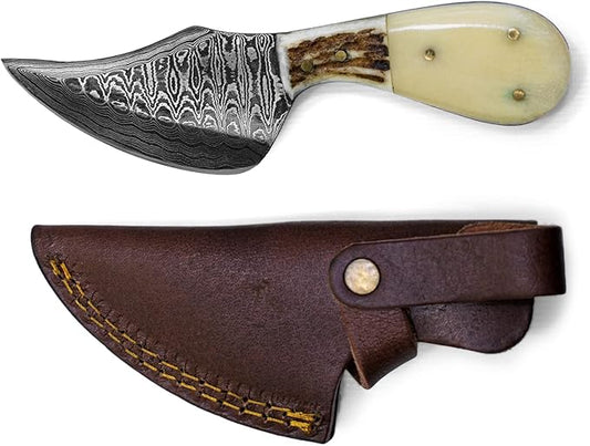 Titan International Knives Damascus EDC Skinning Fixed Blade Knife | Handmade 1095 4340 Carbon Mix Hand Pounded | Stag Horn & Camel Bone Grip for Hunting with Sheath