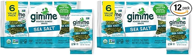 Gimme Seaweed - Sea Salt - 6 Count - Organic Roasted Seaweed Sheets - Keto, Vegan, Gluten Free - Great Source of Iodine & Omega 3?™s - Healthy On-The-Go Snack for Kids Adults (Pack of 2)
