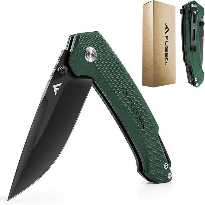 FLISSA Pocket Folding Knife, 3.2??D2 Blade G10 Handle EDC Knife with Pocket Clip Liner Lock for Hunting, Camping, Survival, Outdoor Activities(Green)