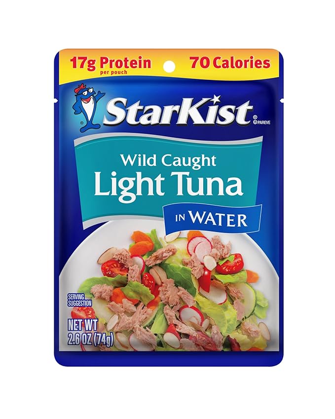 StarKist Chunk Light Tuna in Water, 2.6 oz Pouch (10 Pack) Ready to Eat Wild Caught Tuna, 17g Protein, 70 Calories Per Serving, Gluten Free, Soy Free, Kosher, Perfect for Salads, Keto Meals and Snacks