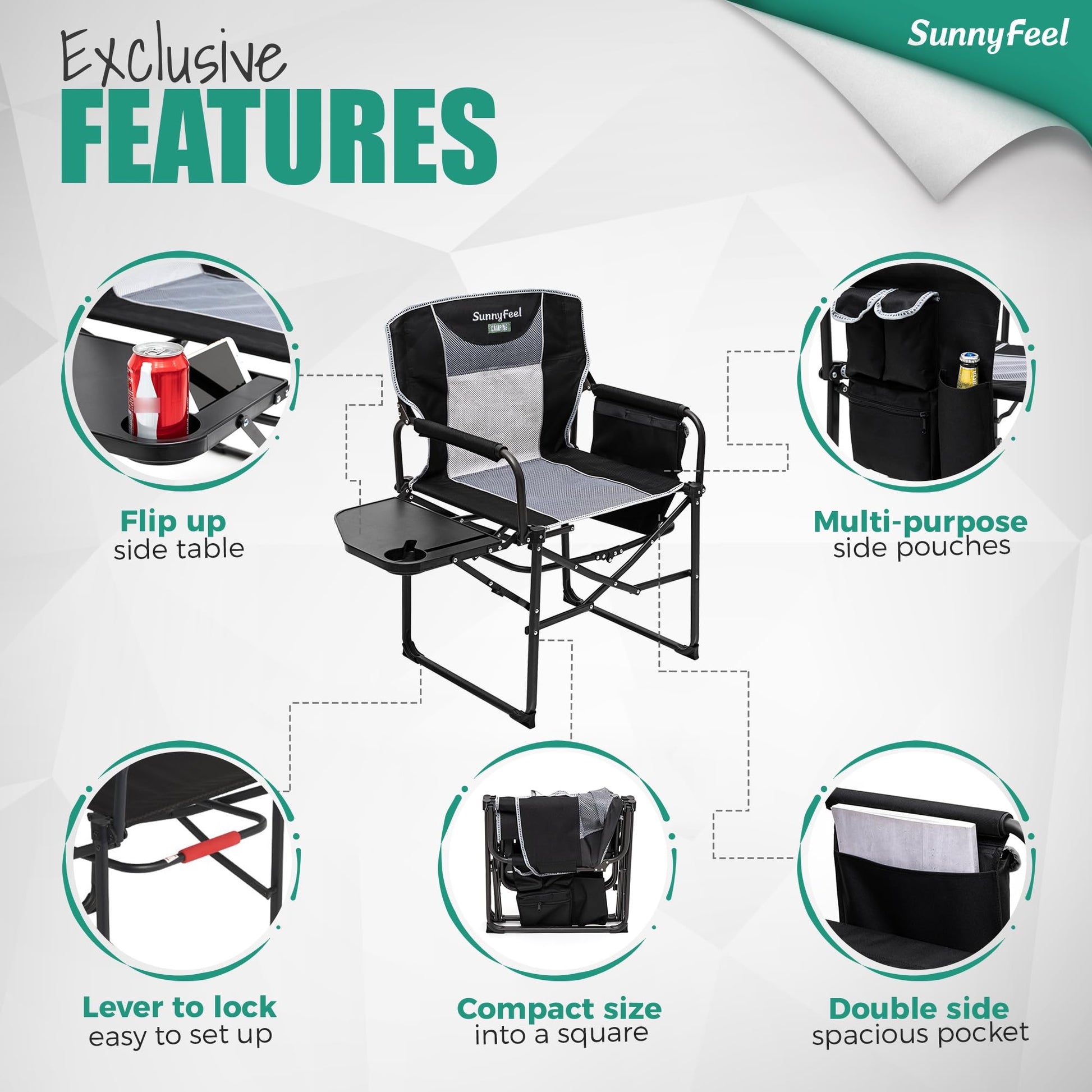 SUNNYFEEL Camping Directors Chair, Heavy Duty,Oversized Portable Folding Chair with Side Table