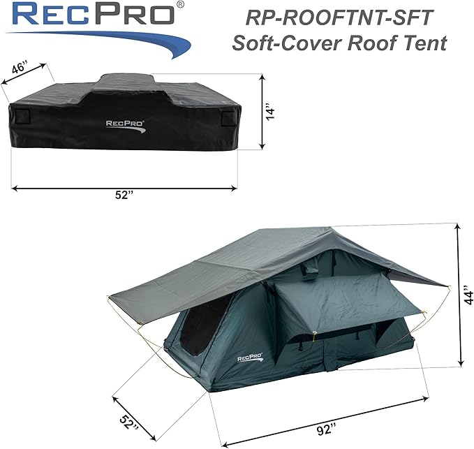 RecPro Soft Rooftop Tent with Mattress Pad | Extendable Ladder | Ventilation & Airflow | Weather Protection | Fits Up to 3 People