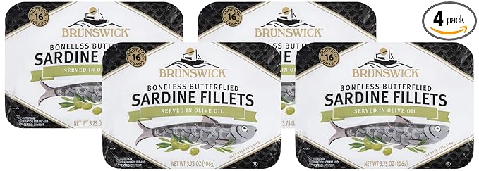 Brunswick Sardines in Olive Oil, 3.75 oz Can - Boneless Butterflied Sardine Fillets - Wild Caught - 17g Protein per Serving - Gluten Free, Keto Friendly (Pack of 4)
