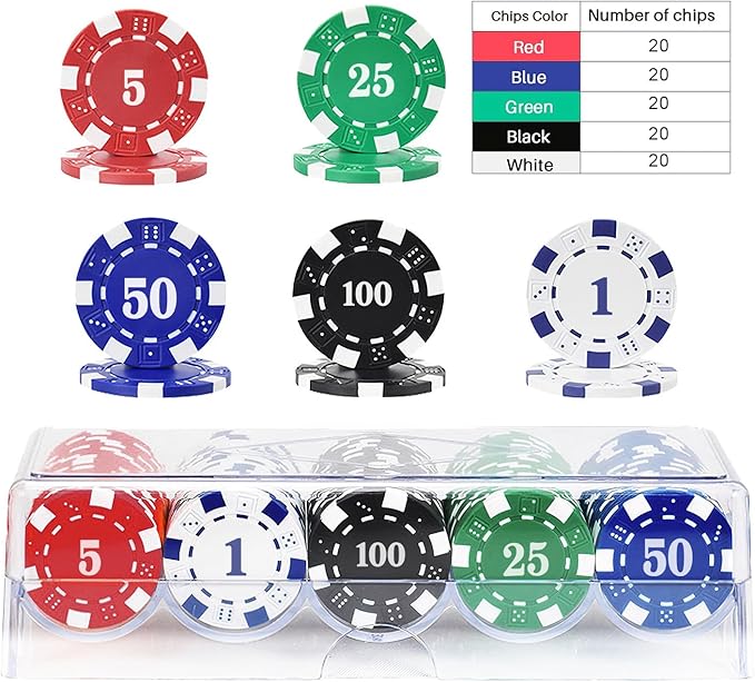 100Pcs Poker Chip with Denominations, Casino Poker Chips Set with Numbers, 11.5 Gram Clay Composite Plastic Poker Chips for Casino Card Games Texas Holdem Blackjack (General Packaging)