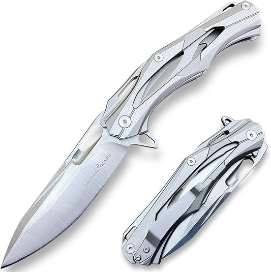 TACTICAL GEARZ Stainless Steel Pocket Knife, Brushed Nickel Stainless Steel Handle, D2 Steel Blade, Includes Sheath (Kronus)