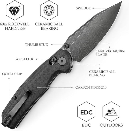 Crossbar Lock Folding Knives, 3.34??14C28N EDC Knife for Men, Pocket Knife with Clip,Thumb Studs,G10 Handle,Outdoor Camping,Hornet-CG