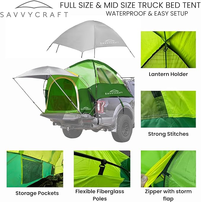 Savvycraft Pickup Truck Tent for Full Size and Mid Size Truck Short Bed and Long Bed, Waterproof P3000mm 2-Person Double Layer Truck Bed Camping Tent, Expandable Awning, Rainfly, Storage Bag Included