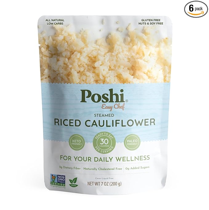 POSHI Riced Cauliflower | All Natural, Fully Cooked, Ready to Eat, Non-GMO, Low Calorie + Carb, Gluten Free, Vegetable Rice, Meals, On The Go, Plant-Based, Healthy, Veggies (7oz, 6 Pack)