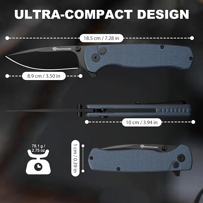 Pocket Knife for Men Y-M with 14C28N Steel Blade, Button Lock with Safety Switch, Blue G10 Handle, 7.28" Folding Knife with Clip and Sheath