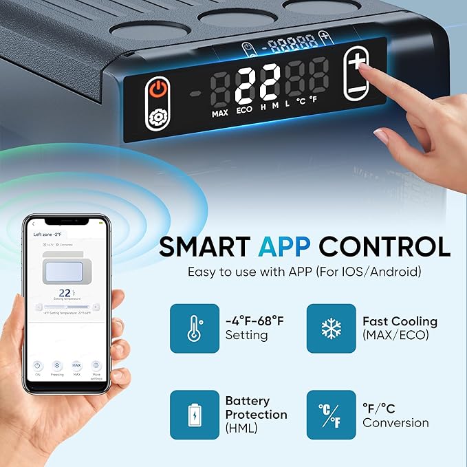 12 Volt Refrigerator - 21QT(20L) Electric Cooler 50Hours Still Keep Cool, Portable Refrigerator APP Control -4℉~68℉, Car Refrigerator 12/24V DC 100-240V AC for Travel Camping Truck RV Boat