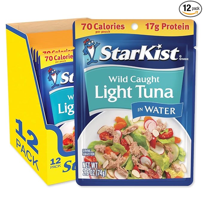 StarKist Chunk Light Tuna in Water, 2.6 oz Pouch (12 Pack) Ready to Eat Wild Caught Tuna, 17g Protein, 70 Calories Per Serving, Gluten Free, Soy Free, Kosher, Perfect for Salads, Keto Meals and Snacks