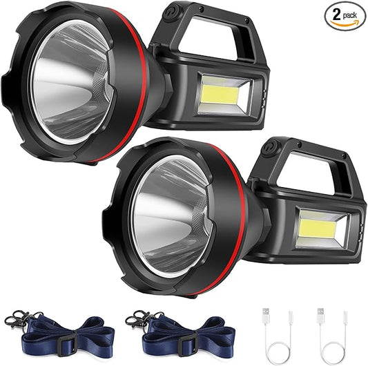 Rechargeable Spotlight Flashlight, High Lumens Handheld Spotlight,LED Searchlight with Shoulder Strap and USB Output for During Hurricane,Emergency, Storms,Hunting, Hiking, Camping(Black Pack of 2)