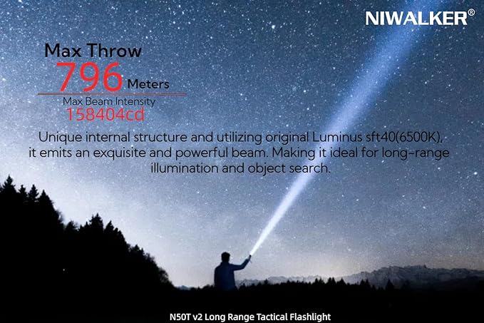 N50T V2 Tactical Flashlight 2300 Lumens, Rechargeable EDC Flashlight with 800 Meters Long Throw, LED Flash Light Spotlight for Camping Hiking Hunting Searching (Black)