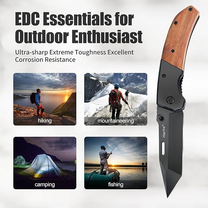 Harita Pocket Knife for Men, Folding Utility with Pocket Clip, Wood Handle EDC for Women with 3.4″ Black Steel Blade, Camping Knife, Hunting, Hiking - Father's Day Gift (Back, 3.4 inch Classic Blade)