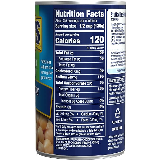 BUSH'S BEST 16 oz Canned Reduced Sodium Garbanzo Beans, Source of Plant Based Protein and Fiber, Low Fat, Gluten Free, (Pack of 12)