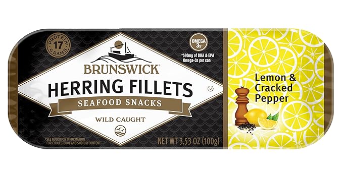 Brunswick Herring Fillets in Lemon & Cracked Pepper, 3.53 oz Can - 15g Protein per Serving - Gluten Free, Keto Friendly - Great for Pasta & Seafood Recipes