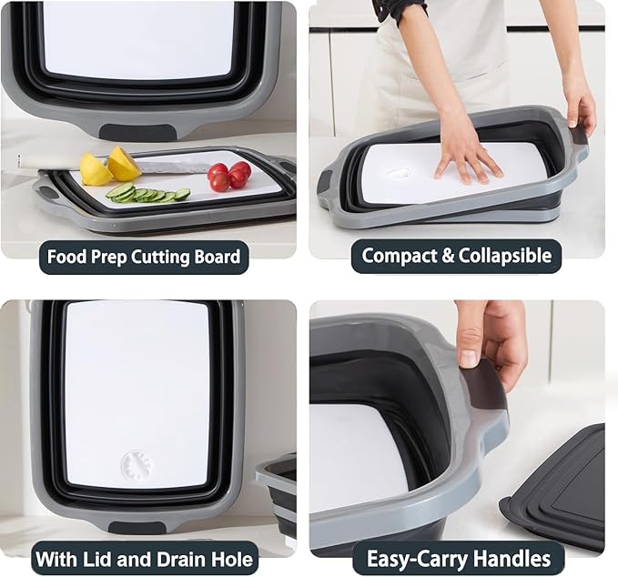 Collapsible BBQ Prep Tubs with Lids, Grill Cutting Board, Camping Sink with Drainage Hole for Meal Prep, Fruit Wash and Food Storage, Marinating Container, 30L Black Tub 24"