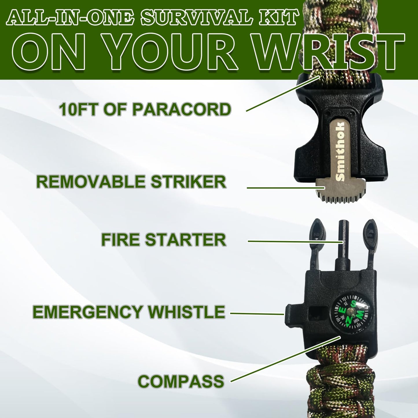 Smithok Paracord Survival Bracelet-Length Adjustable,Loud Whistle Emergency Compass Survival Fire