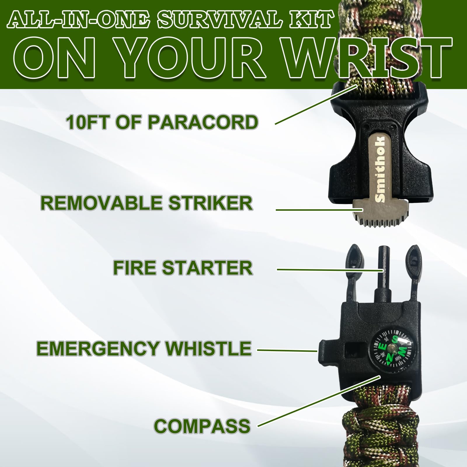 Smithok Paracord Survival Bracelet-Length Adjustable,Loud Whistle Emergency Compass Survival Fire