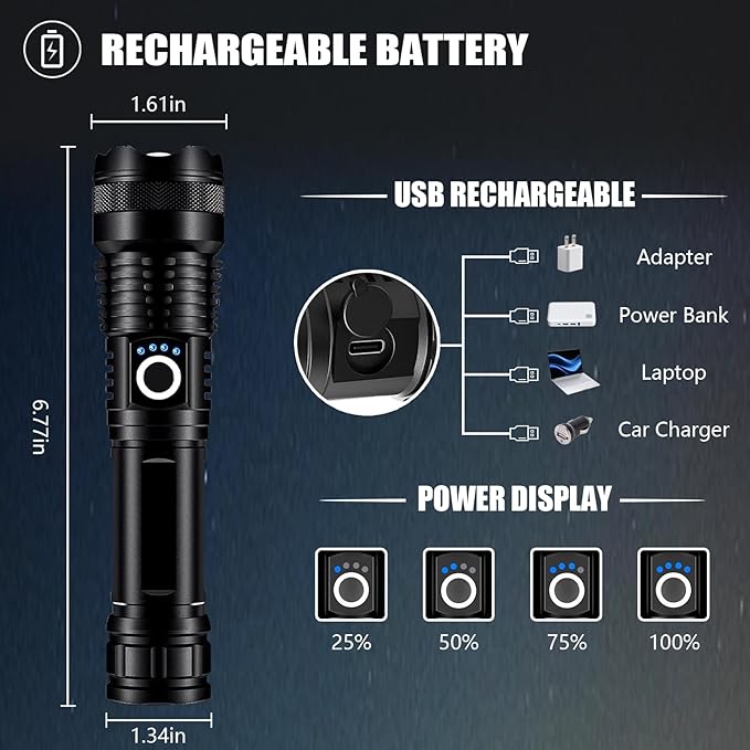 4 Pack Flashlight Rechargeable High Lumen, Super Bright Flashlight 9000000 Lumens, Adjustable Powerful Flash Light with USB Cable 5 Modes, Waterproof Handheld Flashlight for Camping, Home, Outdoor