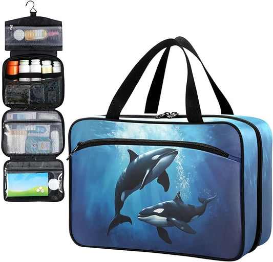Fustylead Cute Whales Playing Underwater Pill Organizer Bag Large Medicine Travel Carrying Case with Zipper for Vitamin Supplements Fish Oil, Empty First Aid Kit for Hiking Camping
