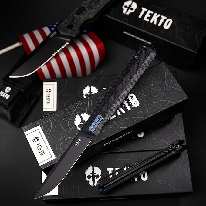 F2 Bravo Folding Pocket Knife - D2 Steel Blade, Ceramic Ball Bearings - EDC - Snap, Swift Flip for Camping, Backpacking - 2.4oz (68g), G10 Black Handle, Blue Titanium Accents