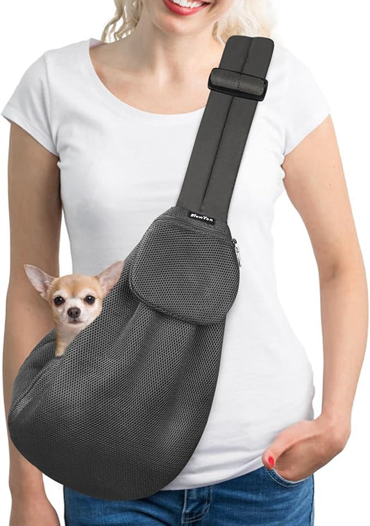 SlowTon Dog Carrier Sling - Thick Padded Shoulder Strap Adjustable Dog Carriers for Small Dogs, Puppy Carrier Purse for Pet Cat with Front Zipper Pocket Safety Belt Machine Washable (Grey Mesh S)