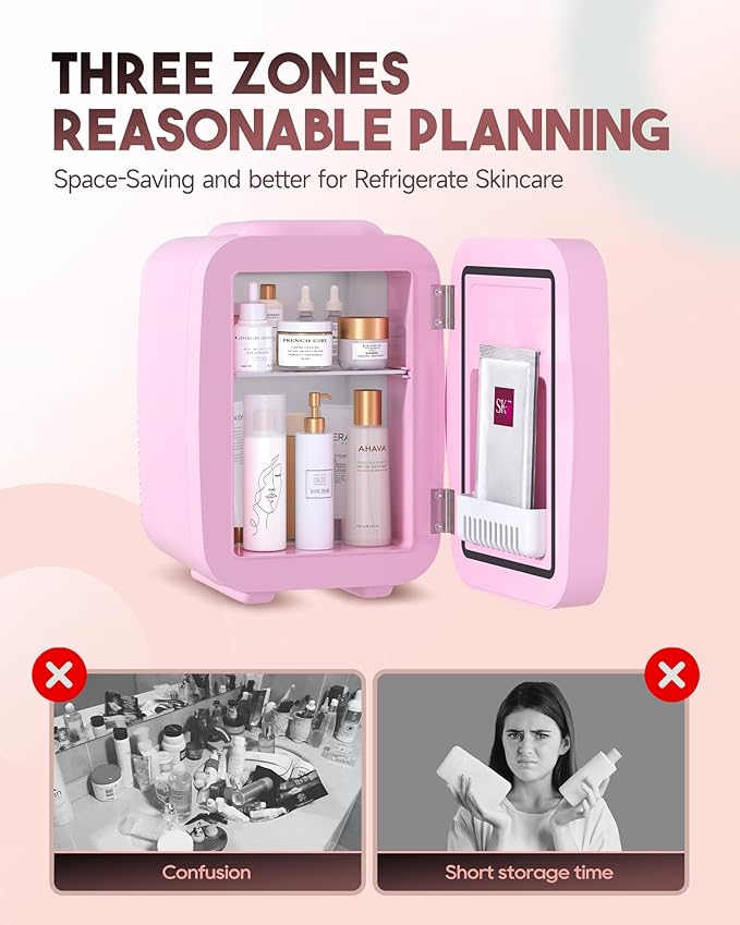 Skincare Fridge with Dimmable LED Light Mirror,4 Liter/6 Can Mini Fridge Skincare for Bedroom,Office, Car, Dorm,Cooler and Warmer, Portable Mini Fridge for Skin Care, Cosmetics, Food,Pink