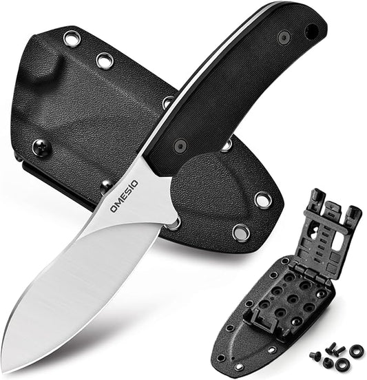 Omesio Nessmuk Hunting Knife Fixed Blade Knife with Sheath, 4.53'' Sharp Full Tang D2 Steel Ergonomic G10 Handle Camping Outdoor Knife with Kydex Sheath