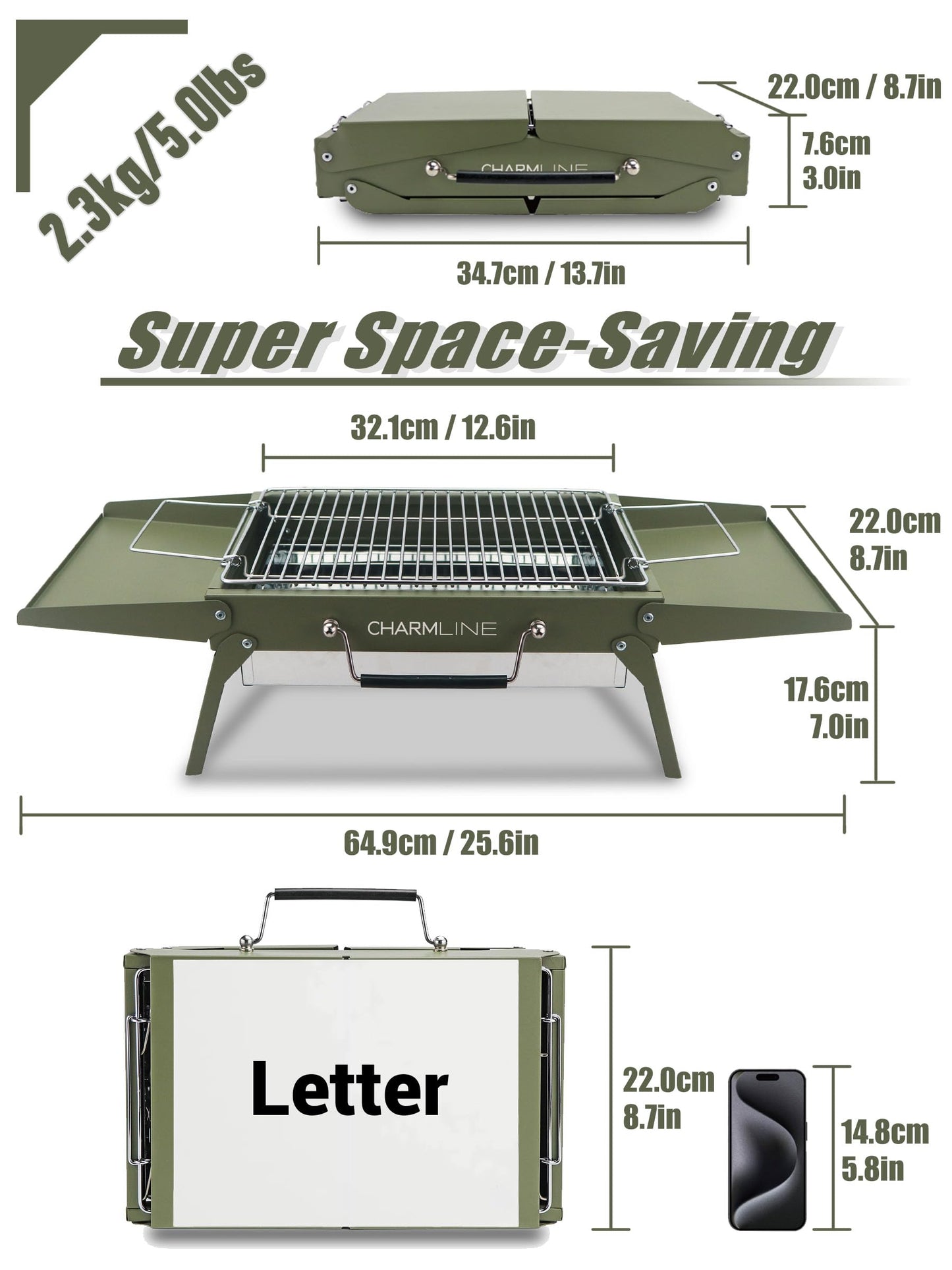 Charmline 14 x 9 inches Small Portable Charcoal BBQ Grill, Foldable Compact Camping Barbecue for