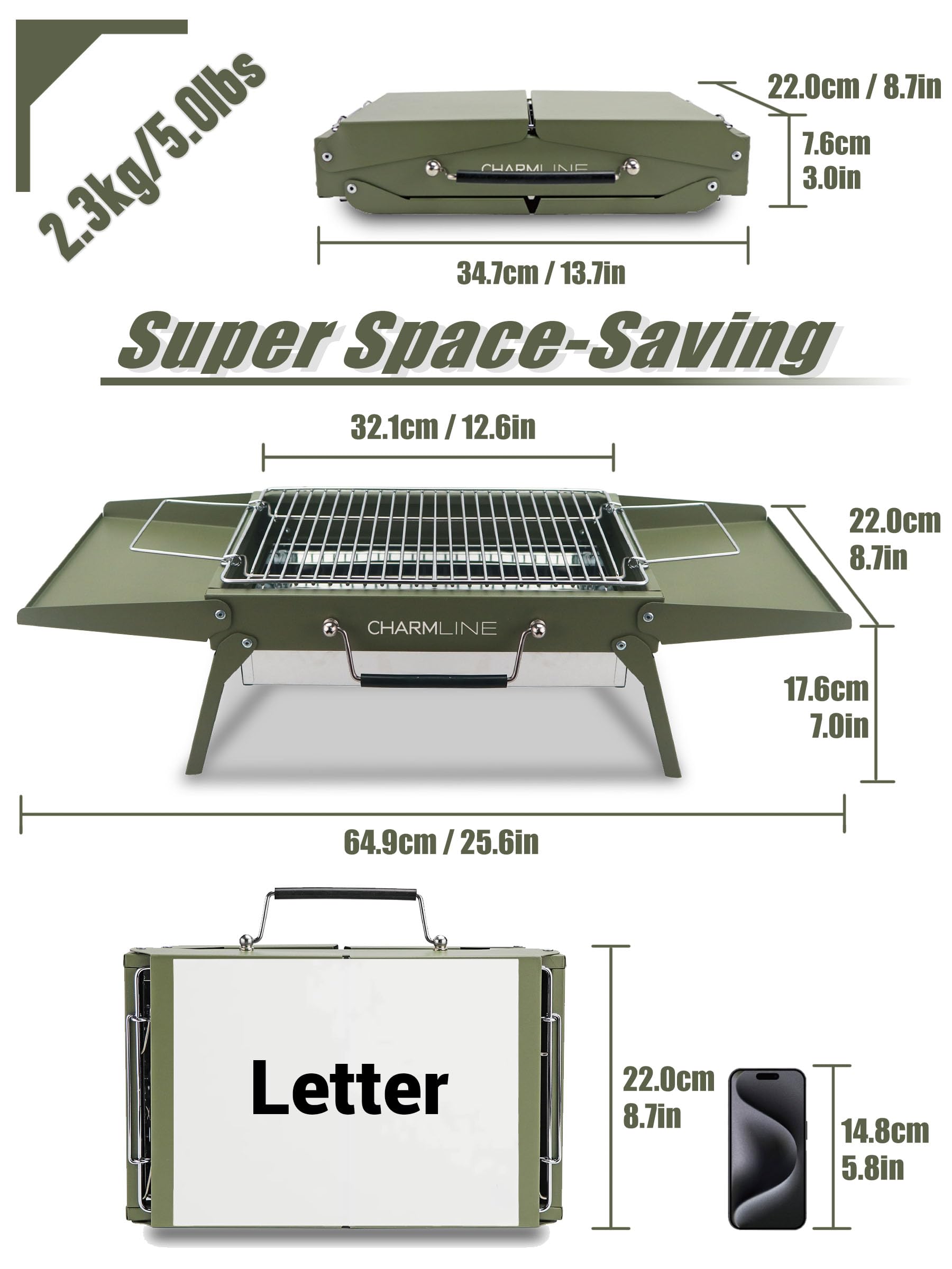 Charmline 14 x 9 inches Small Portable Charcoal BBQ Grill, Foldable Compact Camping Barbecue for