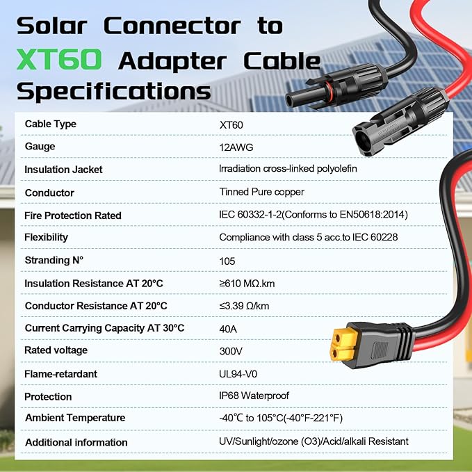 Bateria Power Solar to XT60 Charge Extension Cable with Solar Connectors Caps, Combined Wire Solar Connector to XT60 Adapter Cable for Solar Panel to Battery RV Power Station Generator 12AWG 2FT