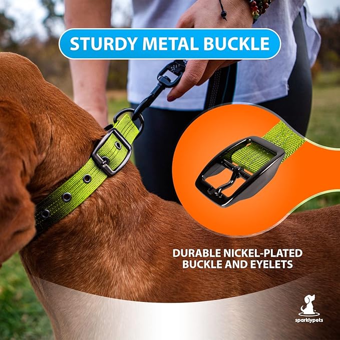 SparklyPets Heavy Duty Dog Collar with Handle for Medium and Large Dogs ??Professional Collar with Reflective Stitches, Soft Handle & Nickel-Plated Buckle (Large (18"~22"), Green)