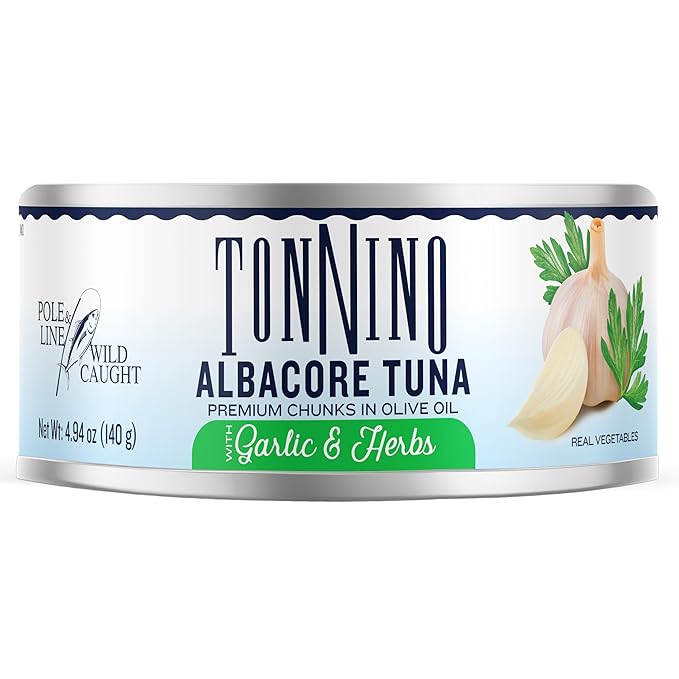 Tonnino Tuna Fish Albacore - Premium chunk in olive oil with Garlic & Herbs ??Pack of 12 ??Alternative to Salmon ??Protein Snacks ??Ready to Eat Meals
