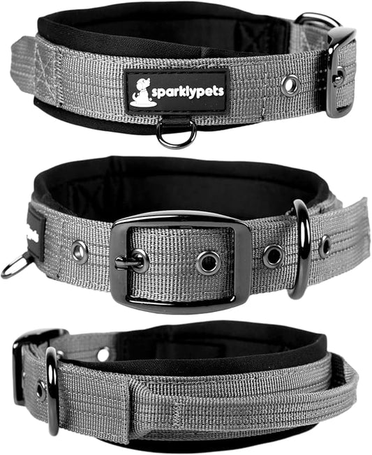 SparklyPets Heavy Duty Dog Collar with Handle for Medium and Large Dogs – Professional Collar with Reflective Stitches, Soft Handle & Nickel-Plated Buckle (Medium (14,5"~18,5"), Gray)