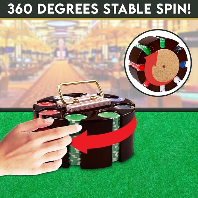Poker Set, 200pcs 11.5gr Hefty Casino Chip Set with Solid Wooden Rotating Carousel Case and 2 Decks of Game Play Cards Kit for Beginners Casual and Professional Holdem Blackjack Poker Players