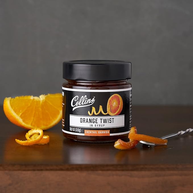 Collins Candied Fruit Orange Peel Twist in Syrup - Popular Cocktail Garnish for Skinny Margarita, Martini, Mojito, Old Fashioned Drinks, Peel for Baking, 10oz