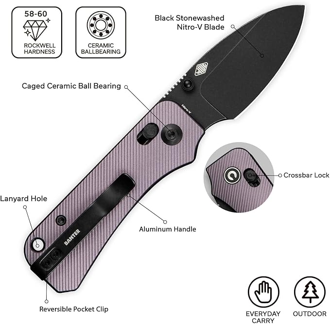 CIVIVI Small Pocket Knife for EDC, Baby Banter 2 Crossbar Lock folding Knife with 2.34" Nitro-V Blade Aluminum Handle, Titanium Thumb Stud Opener C23074-2