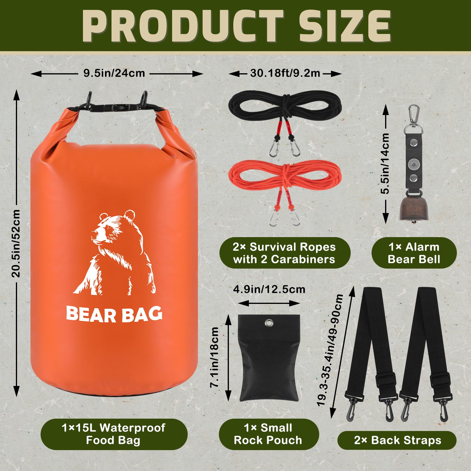 15L Bear Bags for Food Backpacking, Waterproof Bear Bag Hanging Kit, Orange