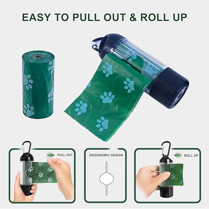 3-in-1 Dog Poop Bag Holder with Flashlight 7-Color, USB-C Rechargeable doggie bag holder for leash, IPX6 Waterproof Anti-Slip Clip Pet Waste Bag Dispenser for Walking (30 Bags Included)
