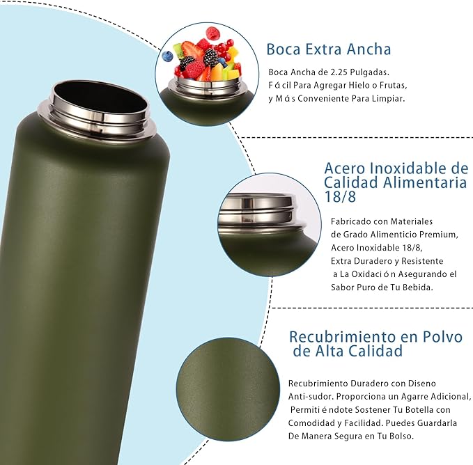 Volhoply Insulated Water Bottles Bulk 8 Pack, 40 oz Stainless Steel Sports Bottle with Paracord Handle Spout Lid, Vacuum Metal Travel Cups with Wide Mouth,Reusable Large Water Cup(Army Green,8 Set)